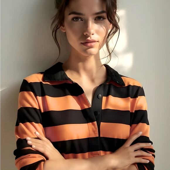 J. Crew Orange and Black Striped Sequin Rugby Shirt Polo Orange Black SZ Small - Picture 3 of 8